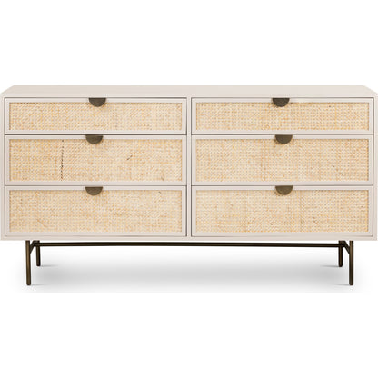 Luella 6 Drawer Dresser by Four Hands in light natural cane, aged brass and matte alabaster. Made from engineered hardwood, cane, stainless steel in a coastal style.