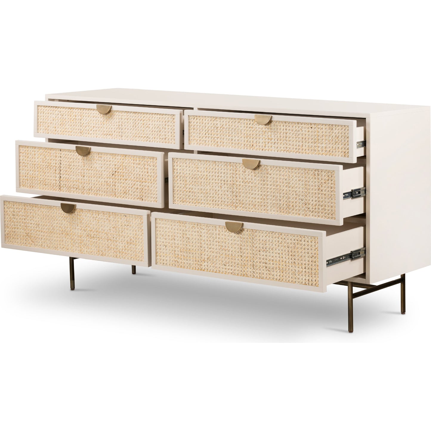 004 SI-1799027 | Additional Silo | Luella 6 Drawer Dresser by Four Hands in light natural cane, aged brass and matte alabaster. Made from engineered hardwood, cane, stainless steel in a coastal style.