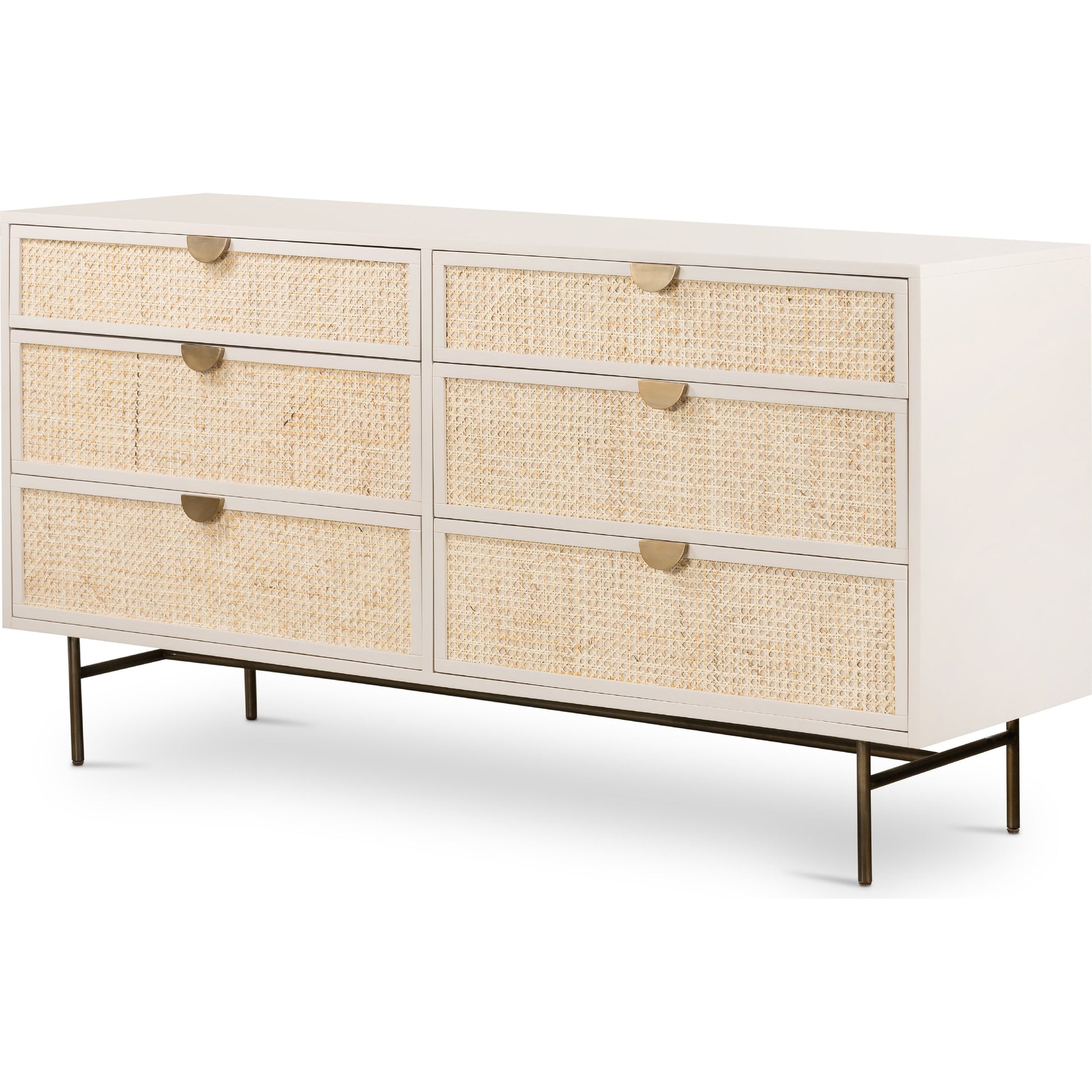 Luella 6 Drawer Dresser by Four Hands in light natural cane, aged brass and matte alabaster. Made from engineered hardwood, cane, stainless steel in a coastal style.