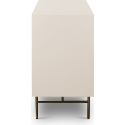 Luella 6 Drawer Dresser by Four Hands in light natural cane, aged brass and matte alabaster. Made from engineered hardwood, cane, stainless steel in a coastal style.