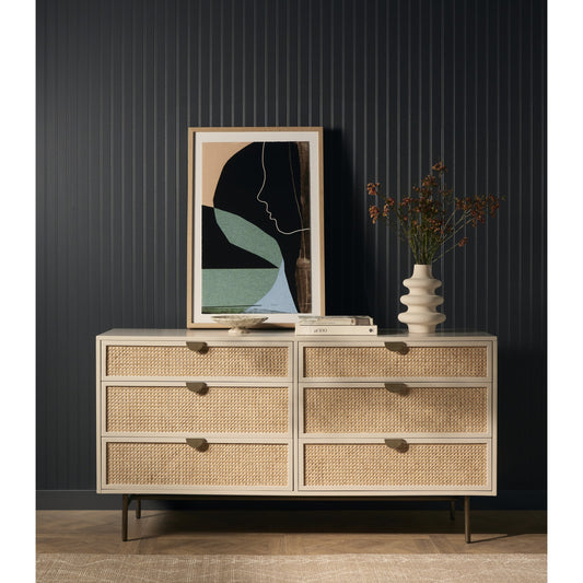 Luella 6 Drawer Dresser by Four Hands in light natural cane, aged brass and matte alabaster. Made from engineered hardwood, cane, stainless steel in a coastal style.