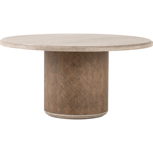 Kiara Round Dining Table by Four Hands in weathered blonde pine, rustic rattan. Made from oak veneer, solid pine in a coastal style.