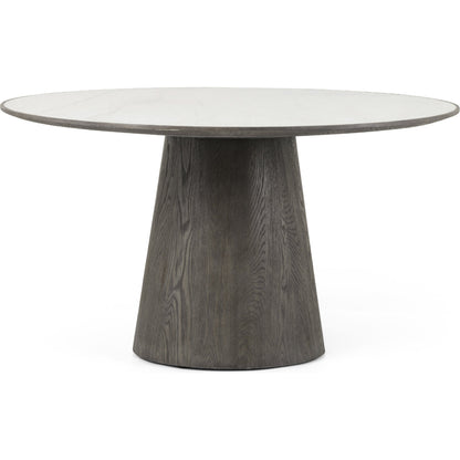 Skye Round Dining Table by Four Hands in white marble, weathered dark oak. Made from solid marble, solid oak in a cottage & farmhouse style.