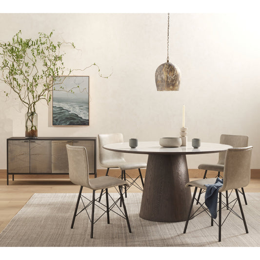 Skye Round Dining Table by Four Hands in weathered dark oak, white marble. Made from solid marble, solid oak in a cottage & farmhouse style.