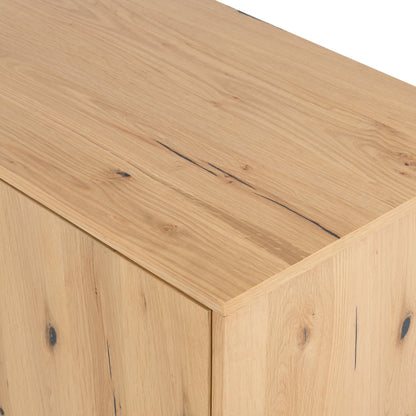 Eaton Sideboard by Four Hands in amber oak resin, dark gunmetal and amber oak. Made from thick oak veneer, iron in a modern style.