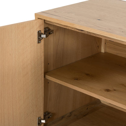 Eaton Sideboard by Four Hands in amber oak resin, dark gunmetal and amber oak. Made from thick oak veneer, iron in a modern style.