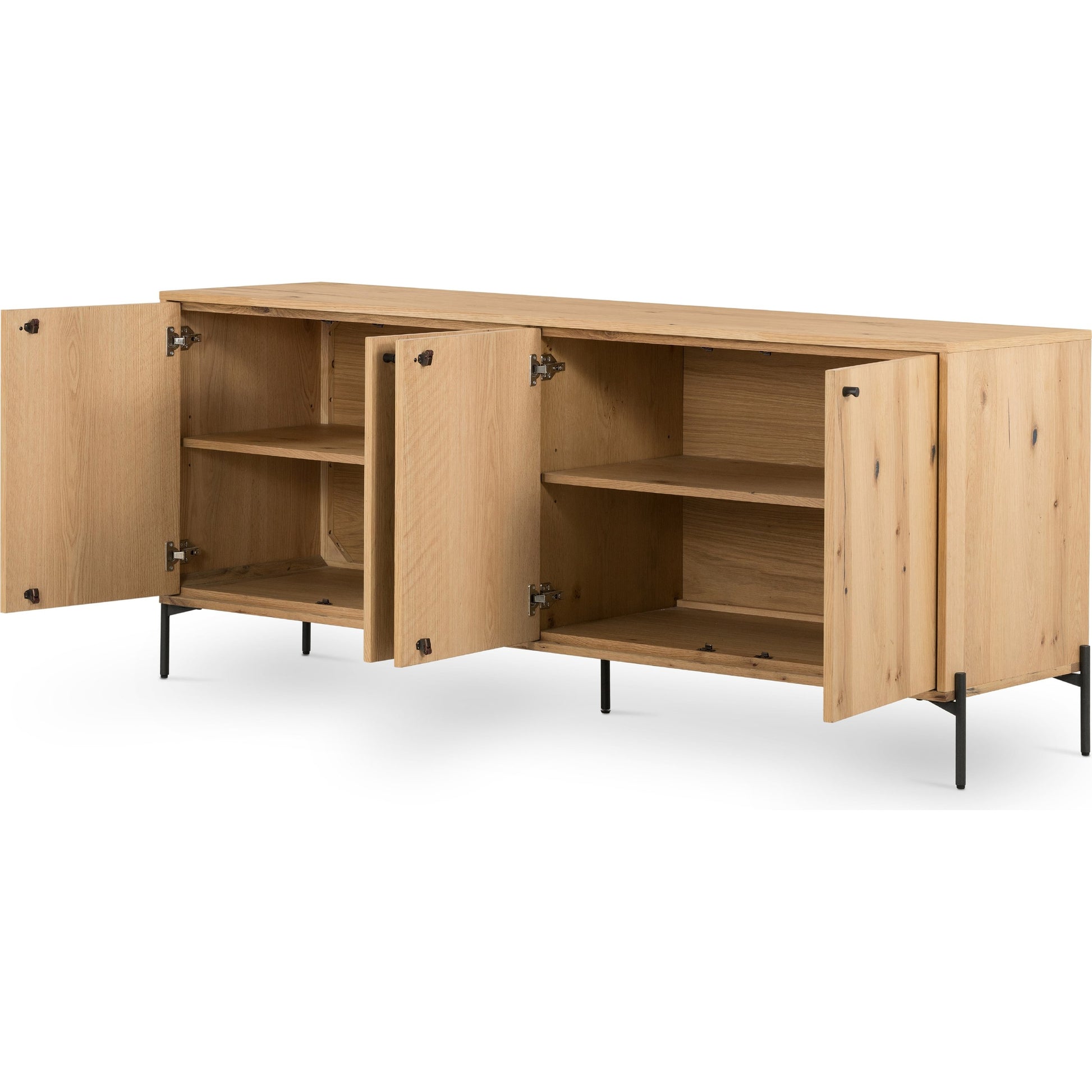 Eaton Sideboard by Four Hands in amber oak resin, dark gunmetal and amber oak. Made from thick oak veneer, iron in a modern style.