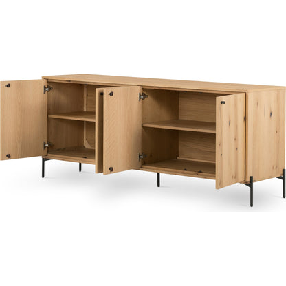 Eaton Sideboard by Four Hands in amber oak resin, dark gunmetal and amber oak. Made from thick oak veneer, iron in a modern style.