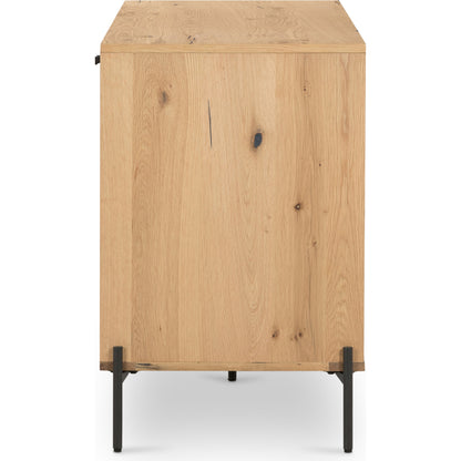 Eaton Sideboard by Four Hands in amber oak resin, dark gunmetal and amber oak. Made from thick oak veneer, iron in a modern style.