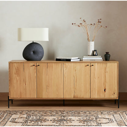 Eaton Sideboard by Four Hands in amber oak resin, dark gunmetal and amber oak. Made from thick oak veneer, iron in a modern style.