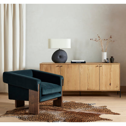 Eaton Sideboard by Four Hands in amber oak resin, dark gunmetal and amber oak. Made from thick oak veneer, iron in a modern style.