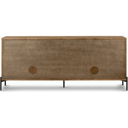 Eaton Sideboard by Four Hands in amber oak resin, dark gunmetal and amber oak. Made from thick oak veneer, iron in a modern style.
