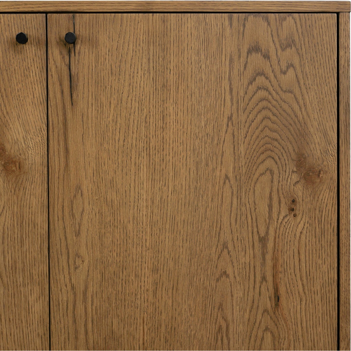 018 SI-1902696 | Closeup | Eaton Sideboard by Four Hands in amber oak resin, dark gunmetal and amber oak. Made from thick oak veneer, iron in a modern style.