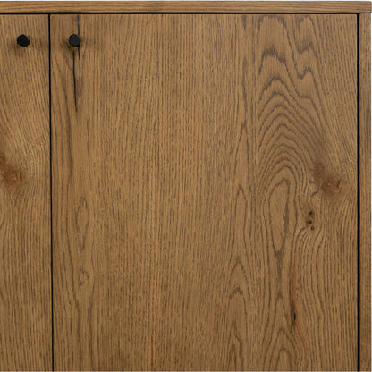 Eaton Sideboard by Four Hands in amber oak resin, dark gunmetal and amber oak. Made from thick oak veneer, iron in a modern style.