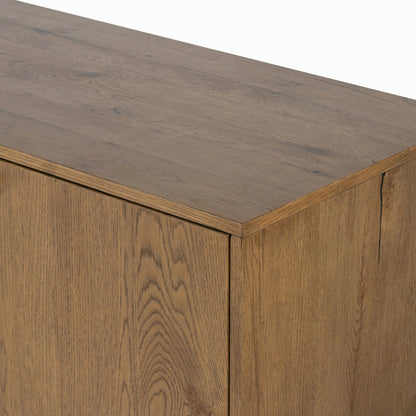 Eaton Sideboard by Four Hands in amber oak resin, dark gunmetal and amber oak. Made from thick oak veneer, iron in a modern style.