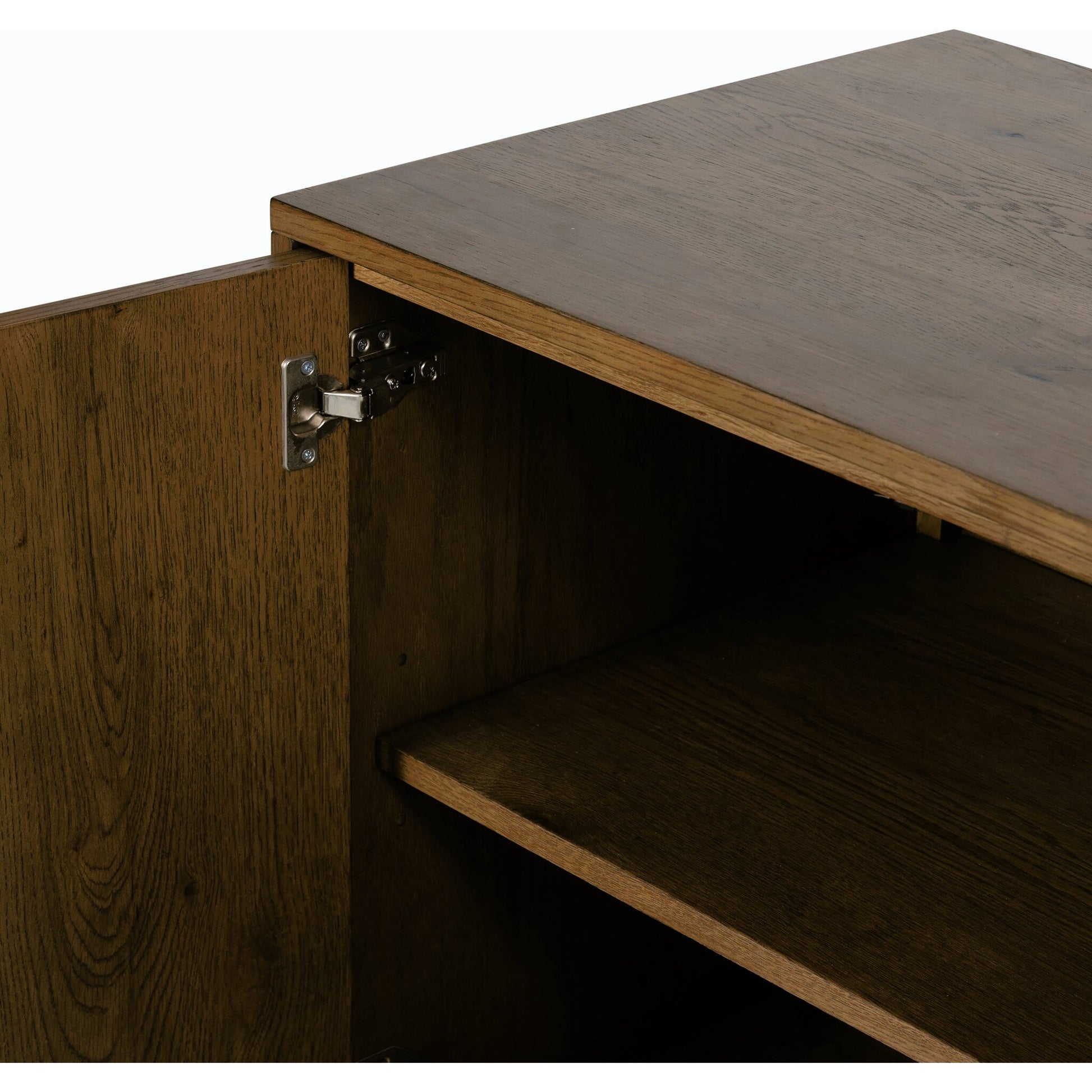 Eaton Sideboard by Four Hands in amber oak resin, dark gunmetal and amber oak. Made from thick oak veneer, iron in a modern style.