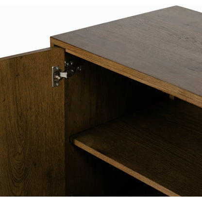 Eaton Sideboard by Four Hands in amber oak resin, dark gunmetal and amber oak. Made from thick oak veneer, iron in a modern style.