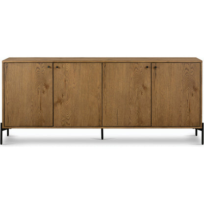 Eaton Sideboard by Four Hands in amber oak resin, dark gunmetal and amber oak. Made from thick oak veneer, iron in a modern style.