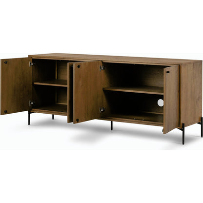 Eaton Sideboard by Four Hands in amber oak resin, dark gunmetal and amber oak. Made from thick oak veneer, iron in a modern style.