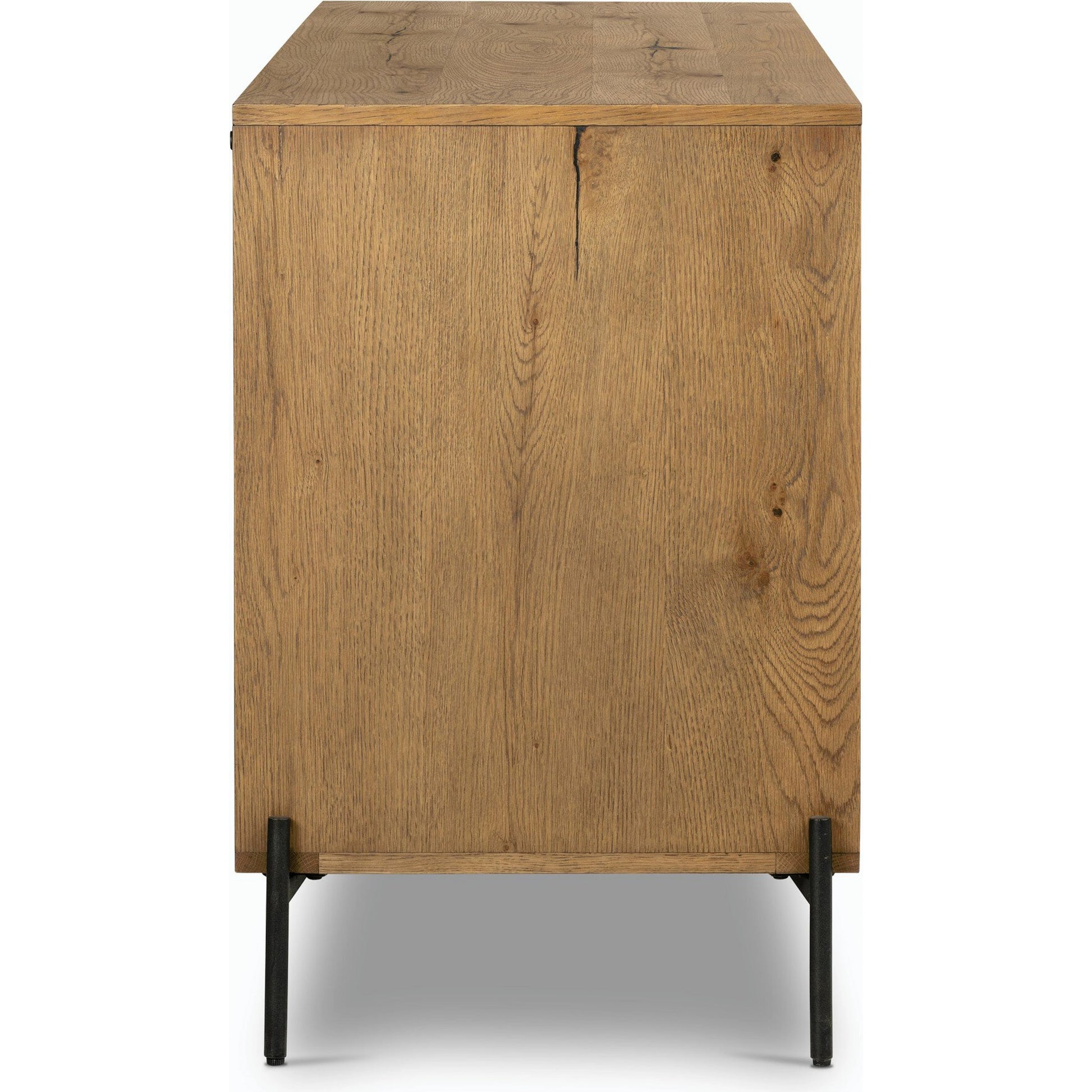 Eaton Sideboard by Four Hands in amber oak resin, dark gunmetal and amber oak. Made from thick oak veneer, iron in a modern style.