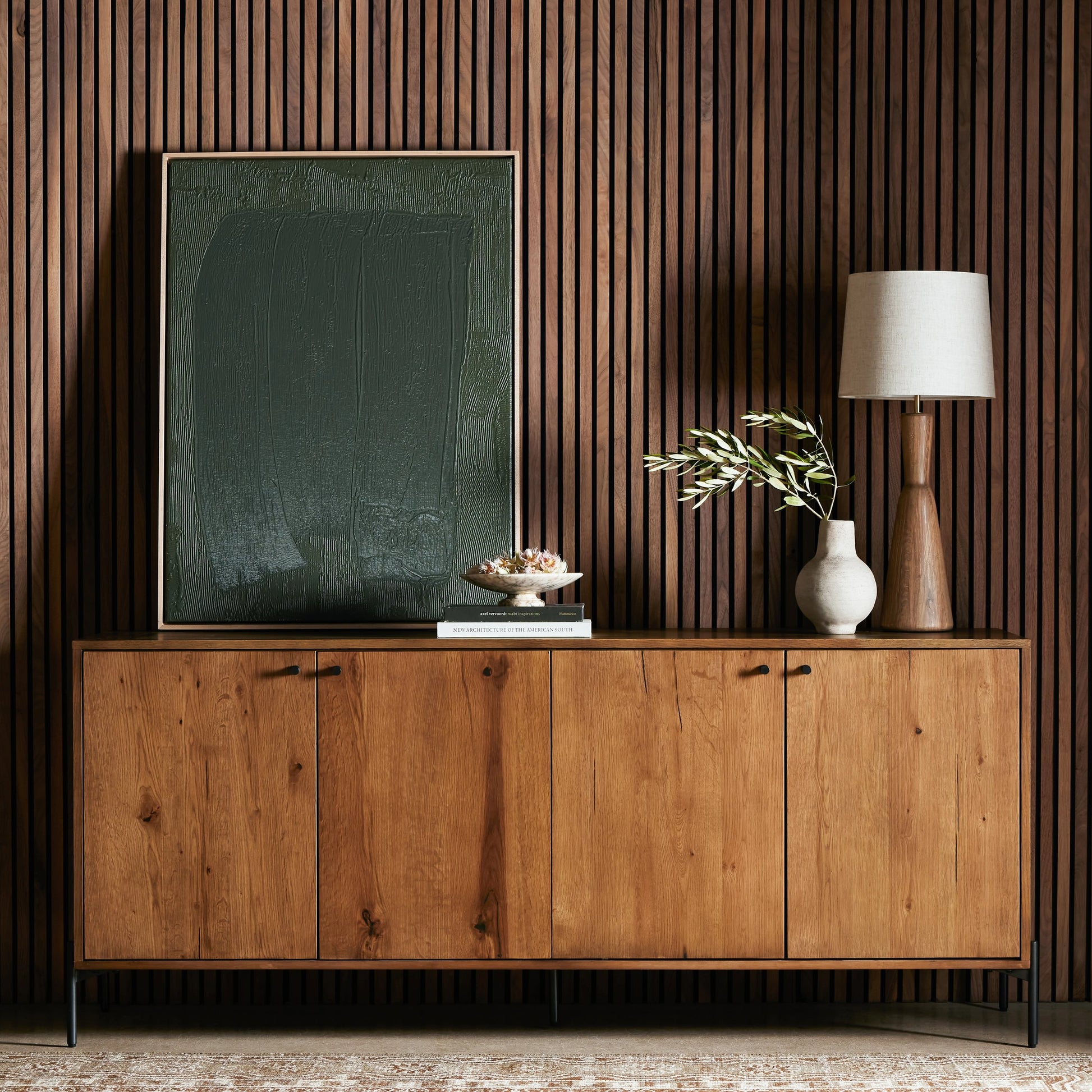 Eaton Sideboard by Four Hands in amber oak resin, dark gunmetal and amber oak. Made from thick oak veneer, iron in a modern style.