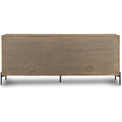Eaton Sideboard by Four Hands in amber oak resin, dark gunmetal and amber oak. Made from thick oak veneer, iron in a modern style.