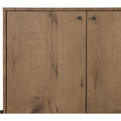 Eaton Sideboard by Four Hands in amber oak resin, dark gunmetal and amber oak. Made from thick oak veneer, iron in a modern style.