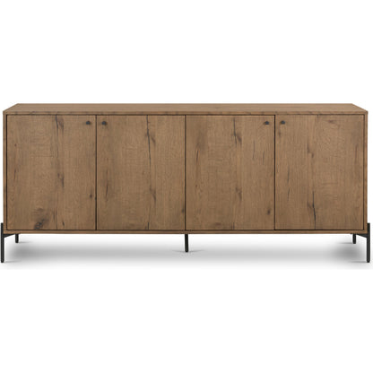 Eaton Sideboard by Four Hands in amber oak resin, dark gunmetal and amber oak. Made from thick oak veneer, iron in a modern style.