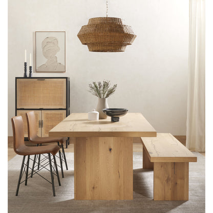 Eaton Dining Table by Four Hands in amber oak resin. Made from thick oak veneer, solid oak in a cottage & farmhouse style.