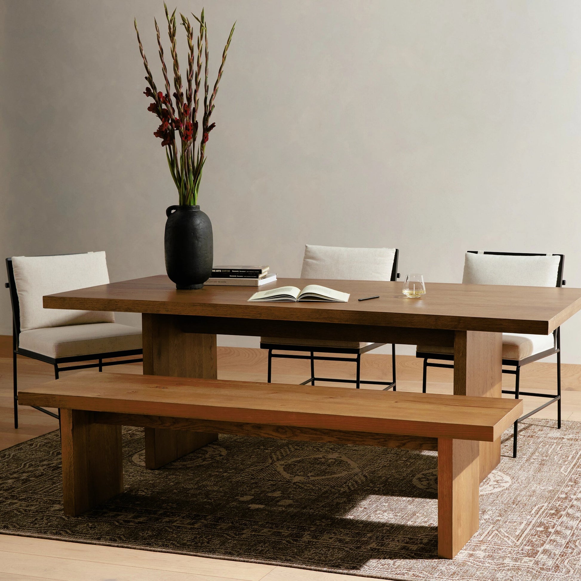 Eaton Dining Table by Four Hands in amber oak resin. Made from thick oak veneer, solid oak in a cottage & farmhouse style.