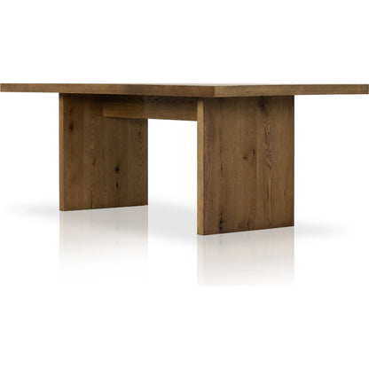 Eaton Dining Table by Four Hands in amber oak resin. Made from thick oak veneer, solid oak in a cottage & farmhouse style.