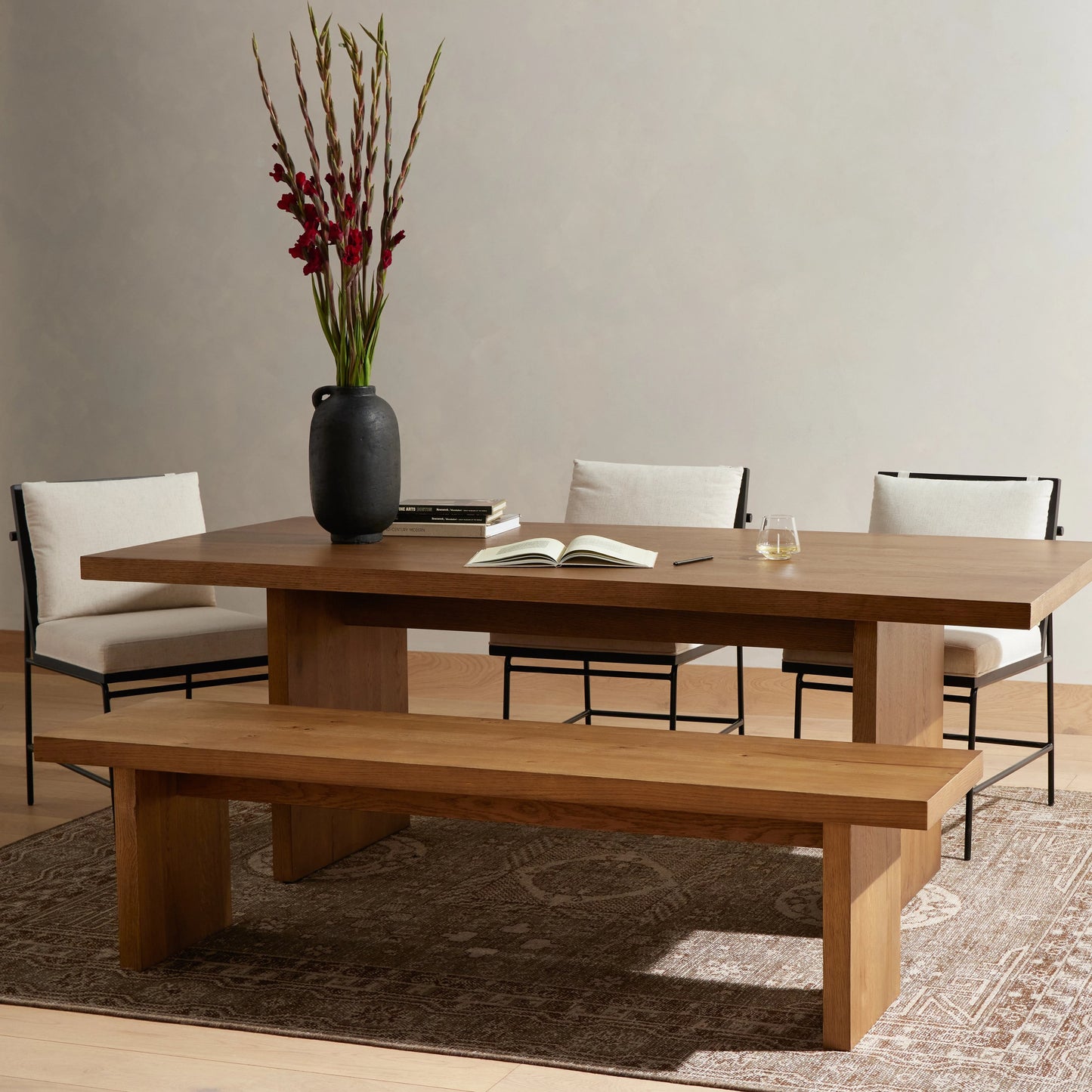 011 SI-1977267 | Lifestyle | Eaton Dining Table by Four Hands in amber oak resin. Made from thick oak veneer, solid oak in a cottage & farmhouse style.
