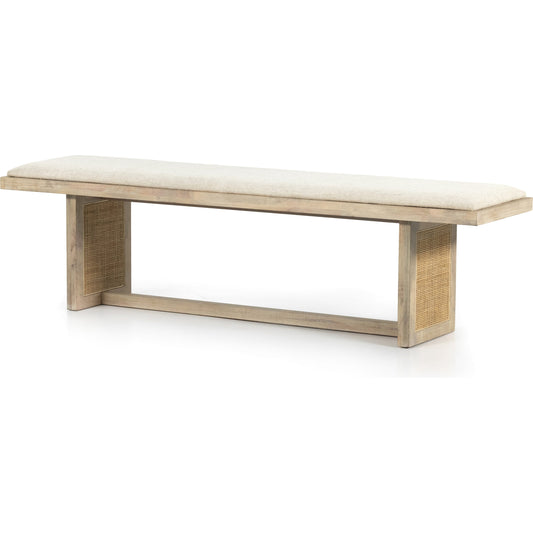 Clarita Dining Bench by Four Hands in white wash mango, thames cream, natural cane and white wash mango. Made from 66% polyester, 19% acrylic, 15% flax, linen, solid mango, cane in a coastal style.