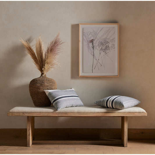 Clarita Dining Bench by Four Hands in white wash mango, thames cream, natural cane and white wash mango. Made from 66% polyester, 19% acrylic, 15% flax, linen, solid mango, cane in a coastal style.