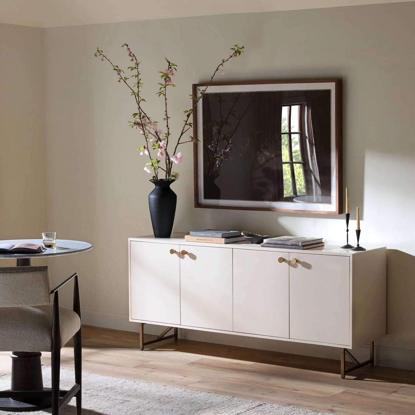 009 SI-1798315 | Lifestyle | Van Sideboard by Four Hands in aged brass, matte alabaster, golden brass and matte alabaster. Made from engineered hardwood, stainless steel, iron in a modern style.