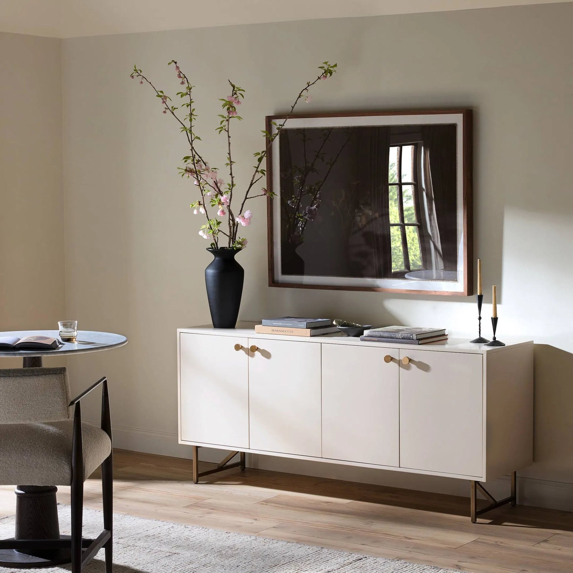 Van Sideboard by Four Hands in aged brass, matte alabaster, golden brass and matte alabaster. Made from engineered hardwood, stainless steel, iron in a modern style.