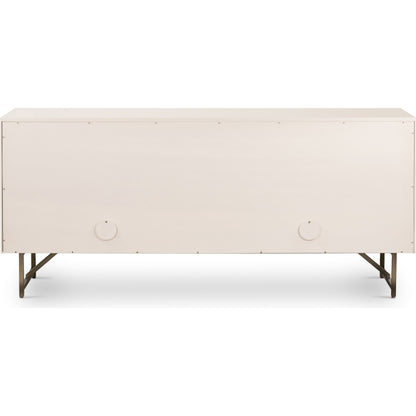 Van Sideboard by Four Hands in aged brass, matte alabaster, golden brass and matte alabaster. Made from engineered hardwood, stainless steel, iron in a modern style.