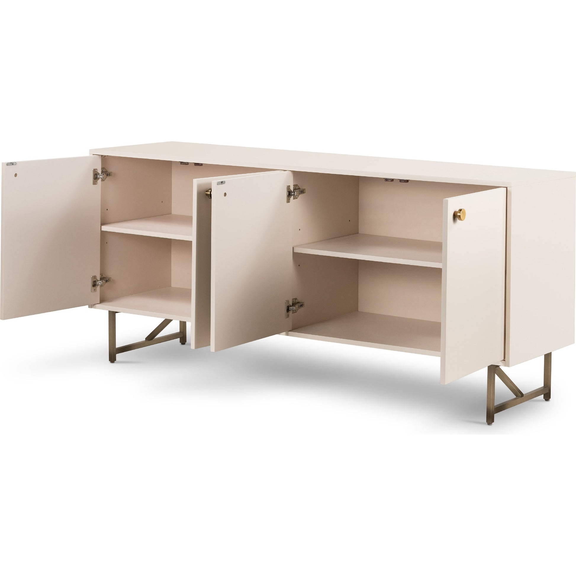 Van Sideboard by Four Hands in aged brass, matte alabaster, golden brass and matte alabaster. Made from engineered hardwood, stainless steel, iron in a modern style.