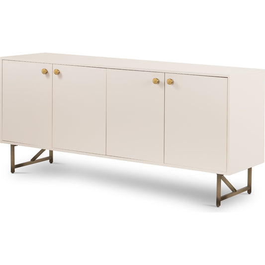 Van Sideboard by Four Hands in aged brass, matte alabaster, golden brass and matte alabaster. Made from engineered hardwood, stainless steel, iron in a modern style.