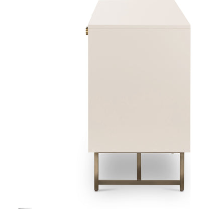 Van Sideboard by Four Hands in aged brass, matte alabaster, golden brass and matte alabaster. Made from engineered hardwood, stainless steel, iron in a modern style.