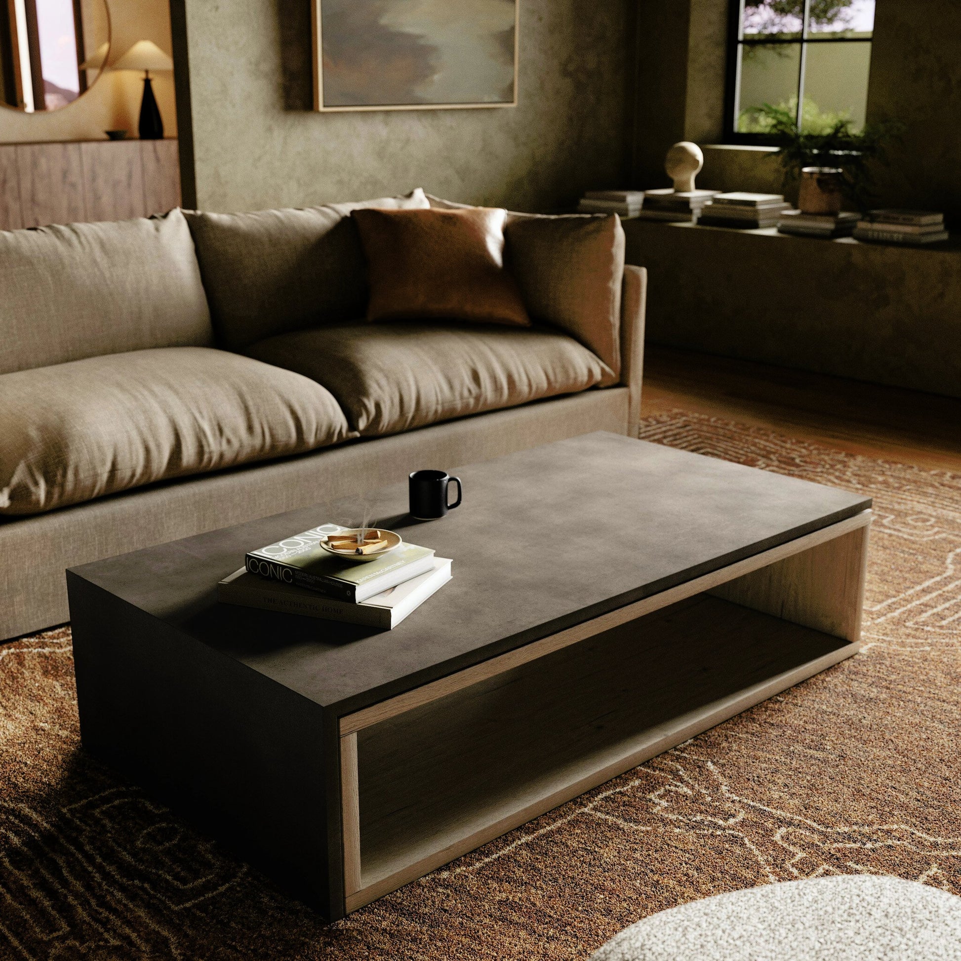 Faro Coffee Table by Four Hands in washed natural veneer, dark grey concrete and washed natural, dark grey. Made from faux concrete, thick oak veneer in a modern style.
