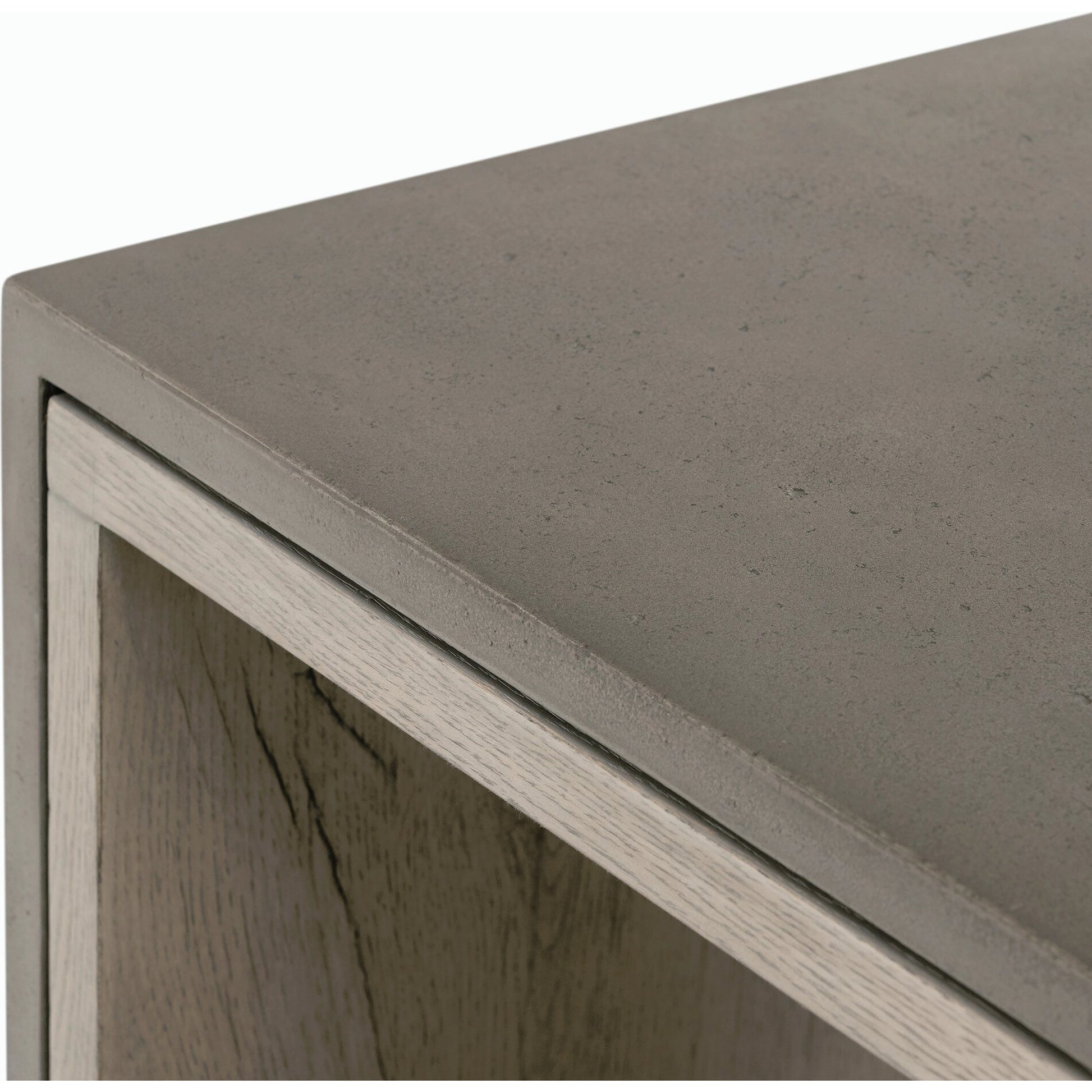 Faro End Table by Four Hands in washed natural veneer, dark grey concrete. Made from faux concrete, thick oak veneer in a modern style.
