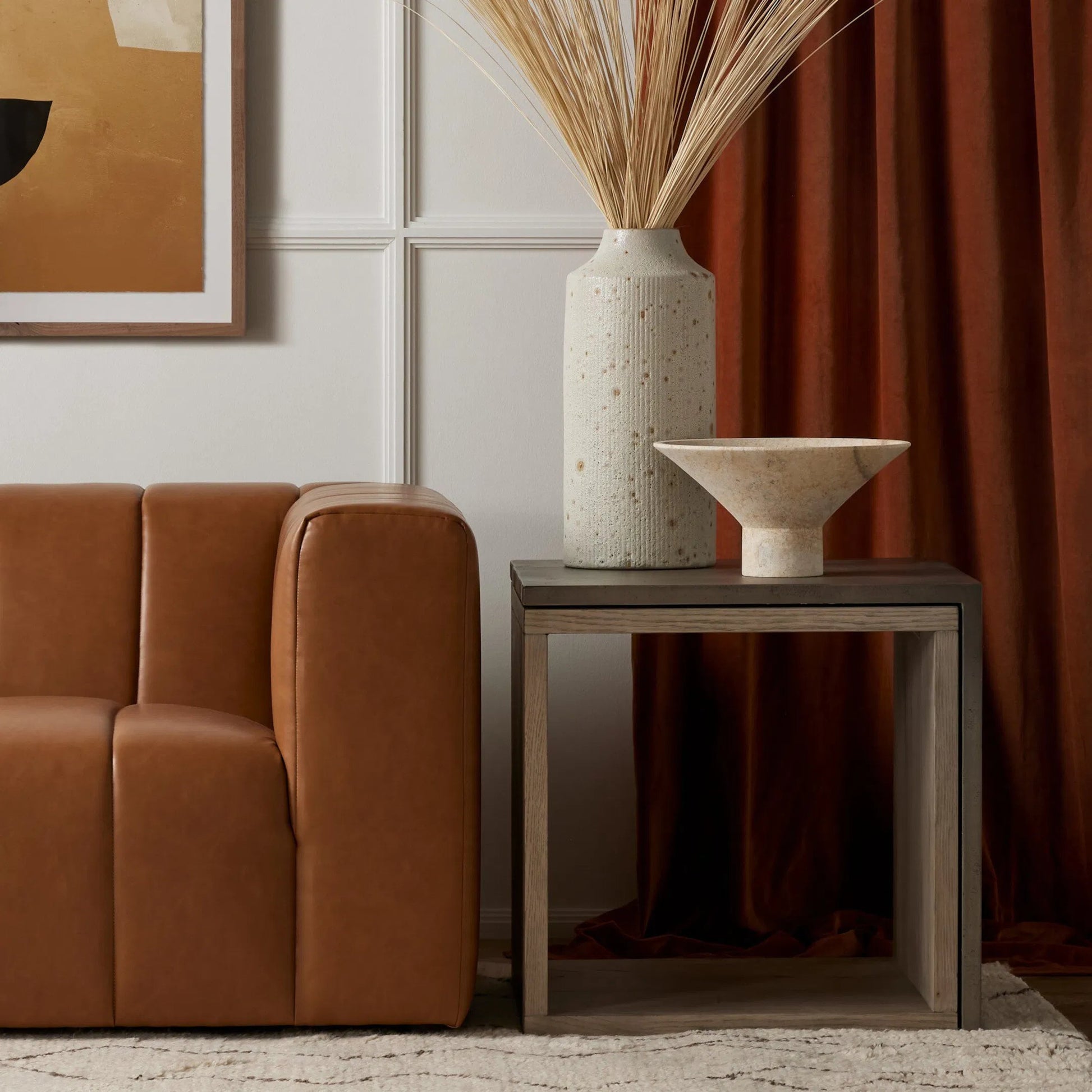 Faro End Table by Four Hands in washed natural veneer, dark grey concrete. Made from faux concrete, thick oak veneer in a modern style.