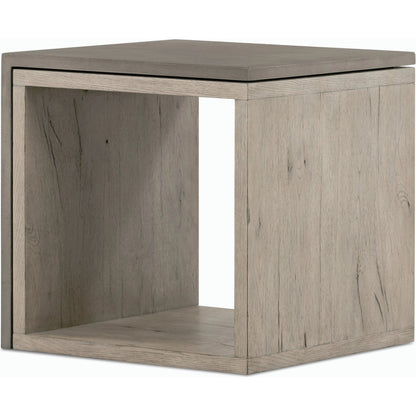 Faro End Table by Four Hands in washed natural veneer, dark grey concrete. Made from faux concrete, thick oak veneer in a modern style.