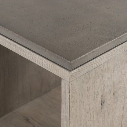 Faro End Table by Four Hands in washed natural veneer, dark grey concrete. Made from faux concrete, thick oak veneer in a modern style.
