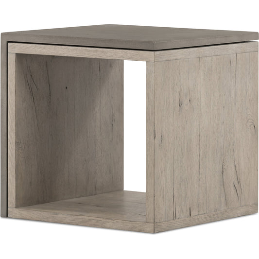 Faro End Table by Four Hands in washed natural veneer, dark grey concrete. Made from faux concrete, thick oak veneer in a modern style.