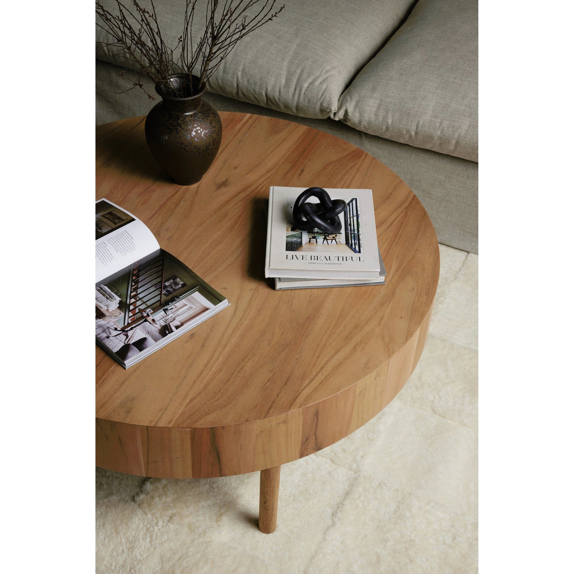 Atmore Coffee Table by Four Hands in natural acacia. Made from solid acacia, thin acacia veneer in a modern style.