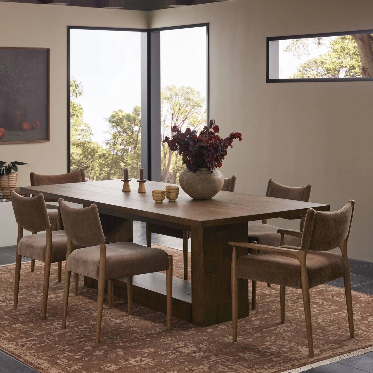 011 SI-1799938 | Lifestyle | Perrin Dining Table by Four Hands in rustic fawn veneer and rustic fawn. Made from thick oak veneer in a modern style.