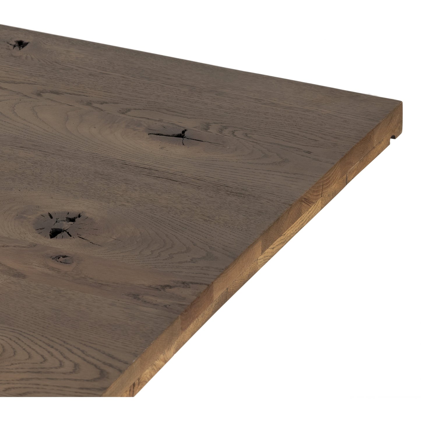 007 SI-1799938 | Closeup | Perrin Dining Table by Four Hands in rustic fawn veneer and rustic fawn. Made from thick oak veneer in a modern style.