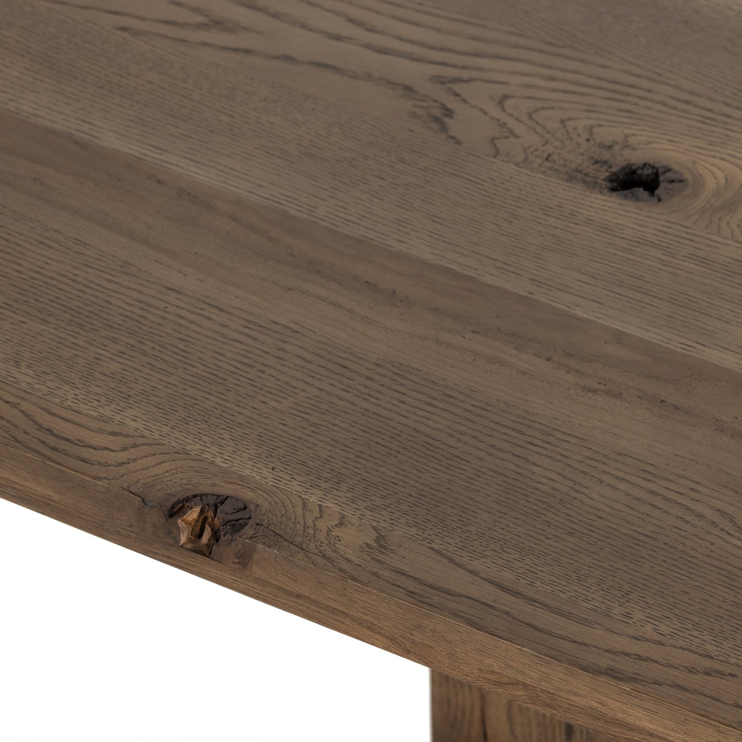 009 SI-1799938 | Closeup | Perrin Dining Table by Four Hands in rustic fawn veneer and rustic fawn. Made from thick oak veneer in a modern style.